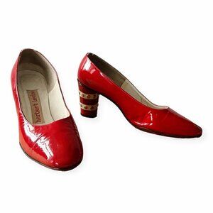 Vintage 60s/70s  Herbert Levine Mod Red Patent Mid Heel Pumps, Studs,  Size 5B